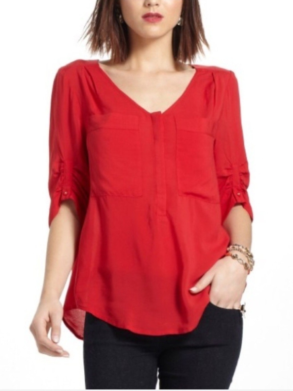 Maeve Anthropologie Red Charleston Henley V-Neck Roll-Sleeve Blouse
